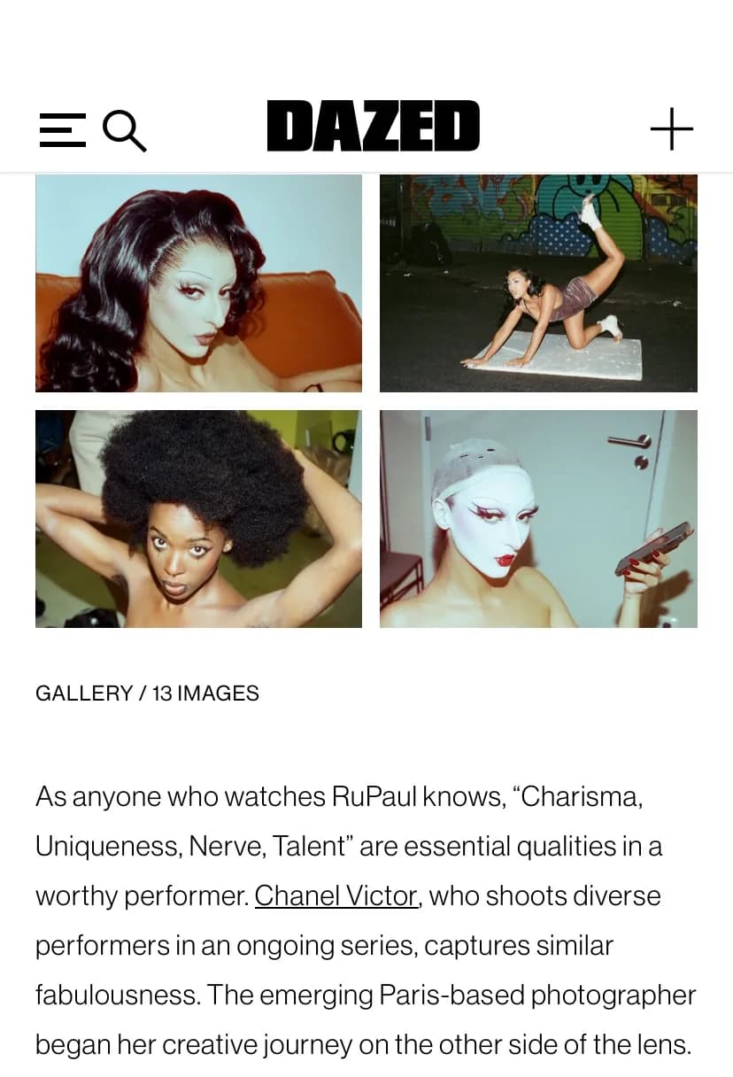 Chanel Victor feature on DAZED - Four-image grid of nightlife performers and article text