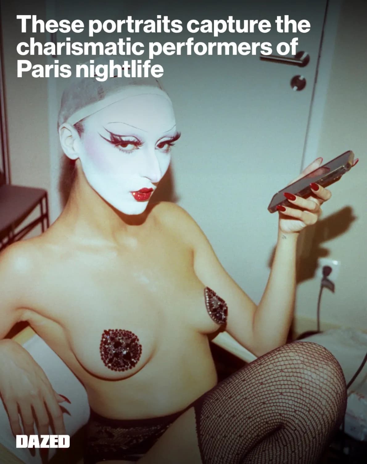 Chanel Victor photography for DAZED - Nightlife performer with dramatic white face makeup